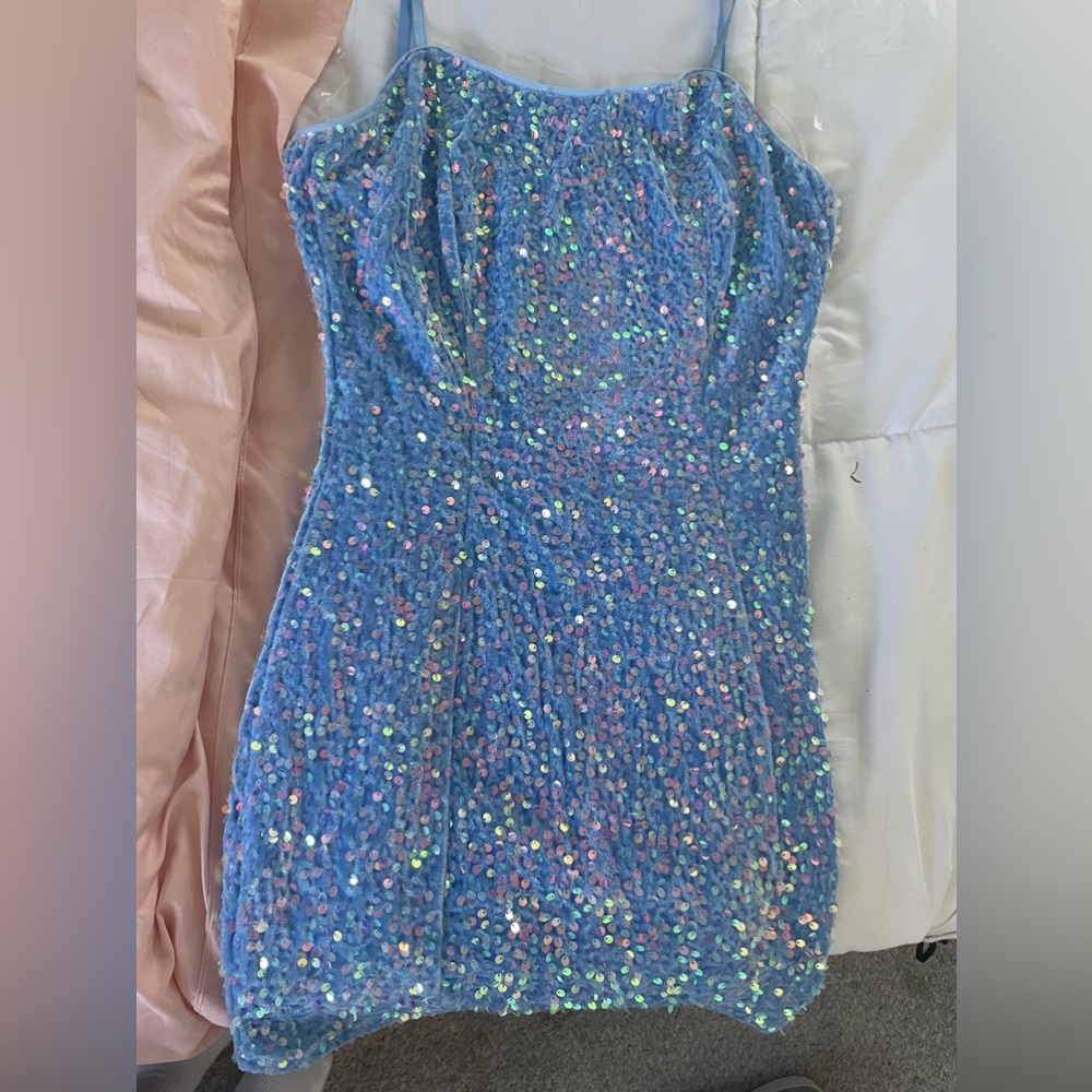 blue sequins midi dress